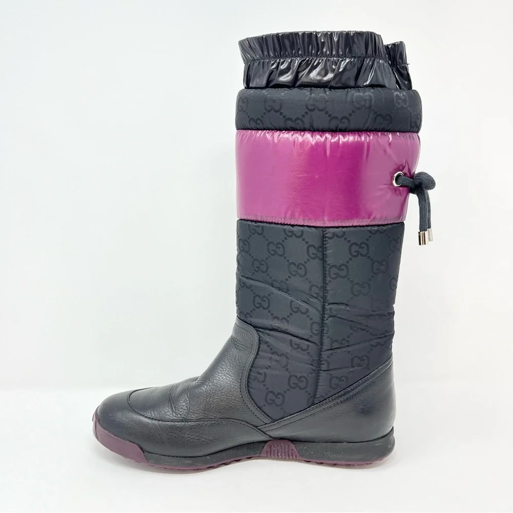 Gucci GG Logo Monogram Snow Winter Boots Tall Slip On Black Leather 35.5 5.5